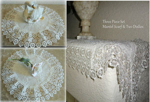 3 Piece Gift Set Ivory Princess European Lace Mantel Scarf & Two Doilies Home