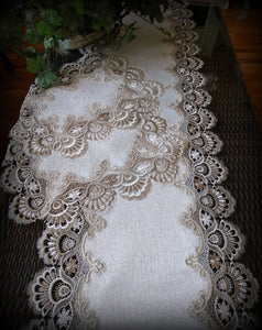 Dresser Scarf Taupe Lace 56 Inch PLUS 2 Doilies 3 Piece Set