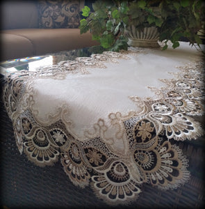 Dresser Scarf Taupe Lace 36 Inch PLUS 2 Round Doilies