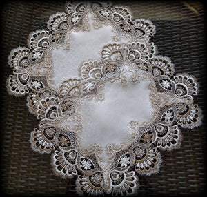 Copy of Dresser Scarf Taupe Lace 70 Inch PLUS 2 Doilies 3 Piece Set
