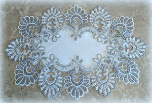 Doilies Silver Gray Lace SET of TWO Antique White Oval Dresser Scarves
