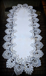 Dresser Scarf Silver Gray Lace Table Runner 54" Antique White PLUS Two Doilies