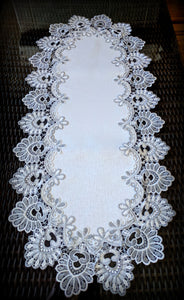Dresser Scarf Silver Gray Lace Table Runner 35" Antique White Oval  Doily