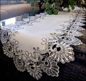 Dresser Scarf Silver Gray Lace Table Runner 54" Antique White PLUS Two Doilies