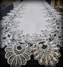 Dresser Scarf Silver Gray Lace Table Runner 54" Antique White PLUS Two Doilies