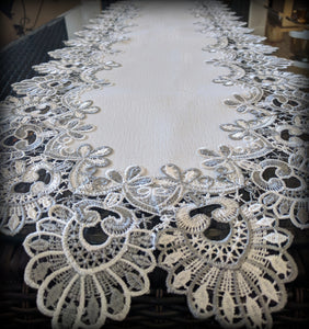 Dresser Scarf Silver Gray Lace Table Runner 54" Antique White Oval  Doily