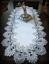 Dresser Scarf Silver Gray Lace Table Runner 35" Antique White Oval  Doily