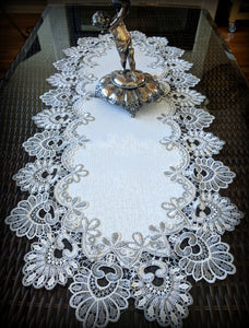 Dresser Scarf Silver Gray Lace Table Runner 35" Antique White Oval  Doily