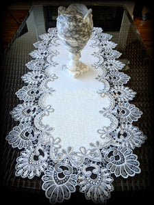 Dresser Scarf Silver Gray Lace Table Runner 35" Antique White Oval  Doily