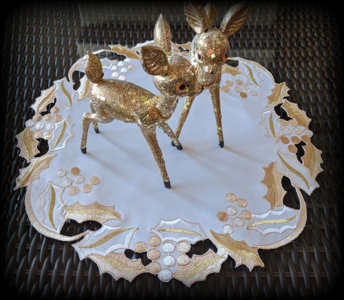 Christmas Doily Gold Mistletoe 15 Inch Embroidered Round Doily