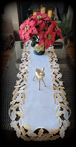 Christmas Dresser Scarf Table Runner Doily Gold Mistletoe 54 Holly Thanksgiving Home