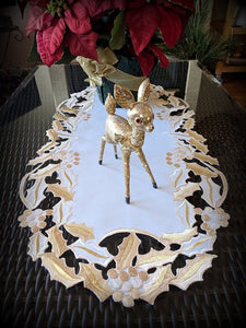 Doily Dresser Scarf Gold Mistletoe Christmas Holly 28 Table Runner Thanksgiving Home
