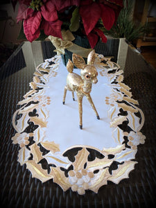 Dresser Scarf Or Table Runner Christmas Golden Mistletoe Embroidered Doily Mantel /
