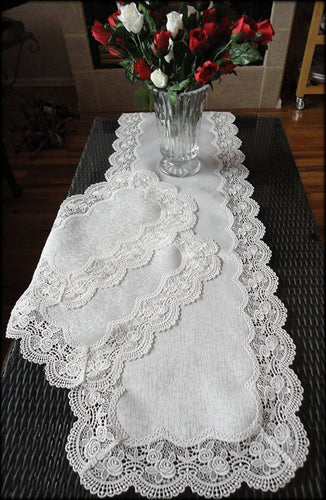 Dresser Scarf Royal Rose European Lace White Table Runner 54 Inch Plus Two Place Mats Or End Doilies Home