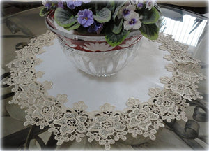 Large Doily 23 Rose Lace Soft Gold & White Ivory Vintage Design Table Topper Dresser Scarf Home