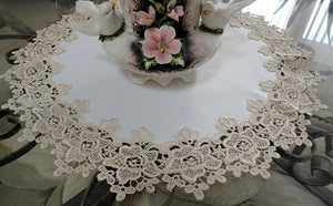 Large Doily 23 Rose Lace Soft Gold & White Ivory Vintage Design Table Topper Dresser Scarf Home