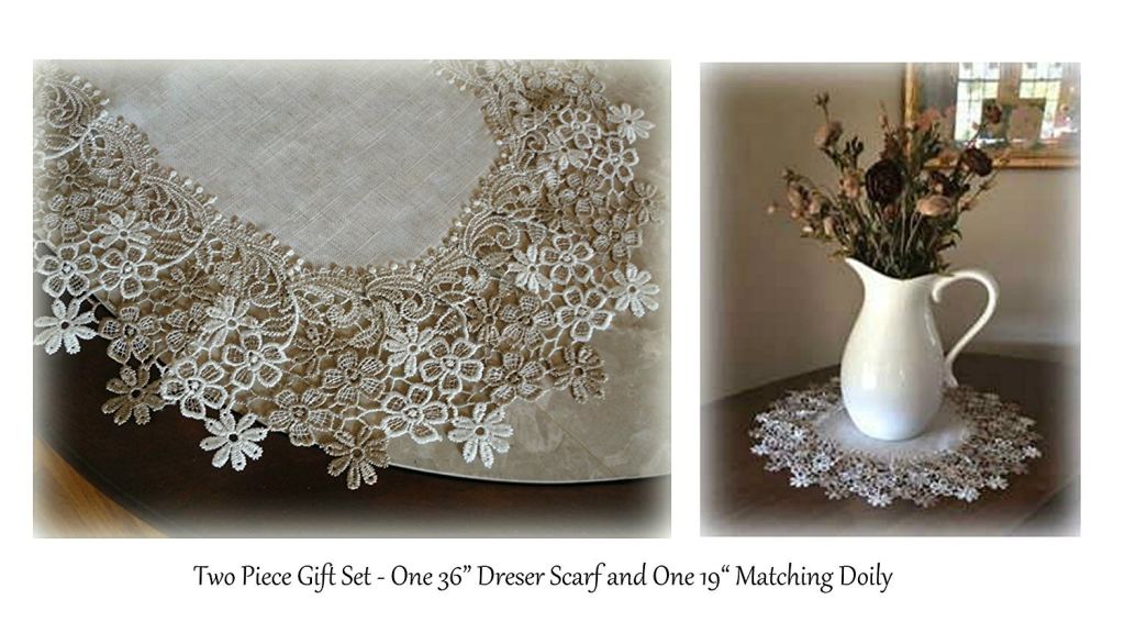 Linen Gift Set Sophisticated Floral Lace 36 Dresser Scarf Plus A Large 19 Doily Neutral Earth Tones European Design Home