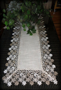 Linen Gift Set Sophisticated Floral Lace 54 Dresser Scarf Plus 2 Large 19 Doilies Neutral Earth Tones European Design Home