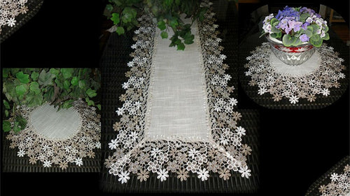 Linen Gift Set Sophisticated Floral Lace 54 Dresser Scarf Plus 2 Large 19 Doilies Neutral Earth Tones European Design Home