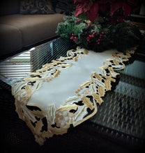 Mantel Scarf Or Table Runner 66 Inch Christmas Golden Mistletoe Embroidered Doily /