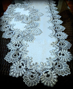 Dresser Scarf Silver Gray Lace Table Runner 54" Antique White PLUS Two Doilies