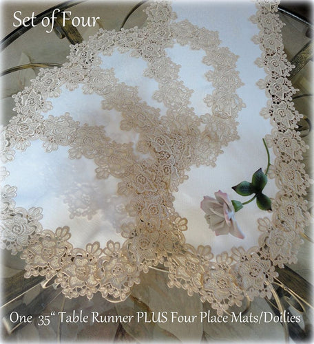 Rose Lace Dresser Scarf 35 Plus Set Of 4 Place Mats (18.5X12) Soft Gold White Doily Home