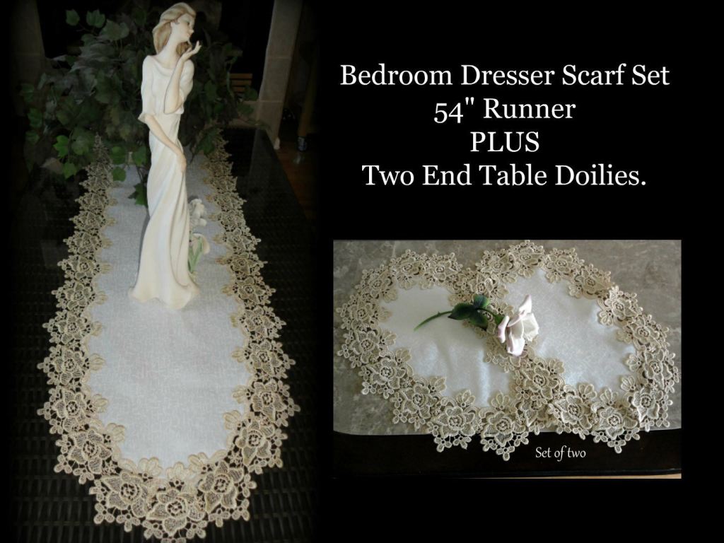 Rose Lace Dresser Scarf 54 Plus Set Of 2 Doilies Soft Gold & White Home