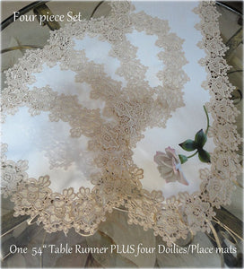 Rose Lace Dresser Scarf 54 Plus Set Of 4 Place Mats (18.5X12) Soft Gold White Doily Home