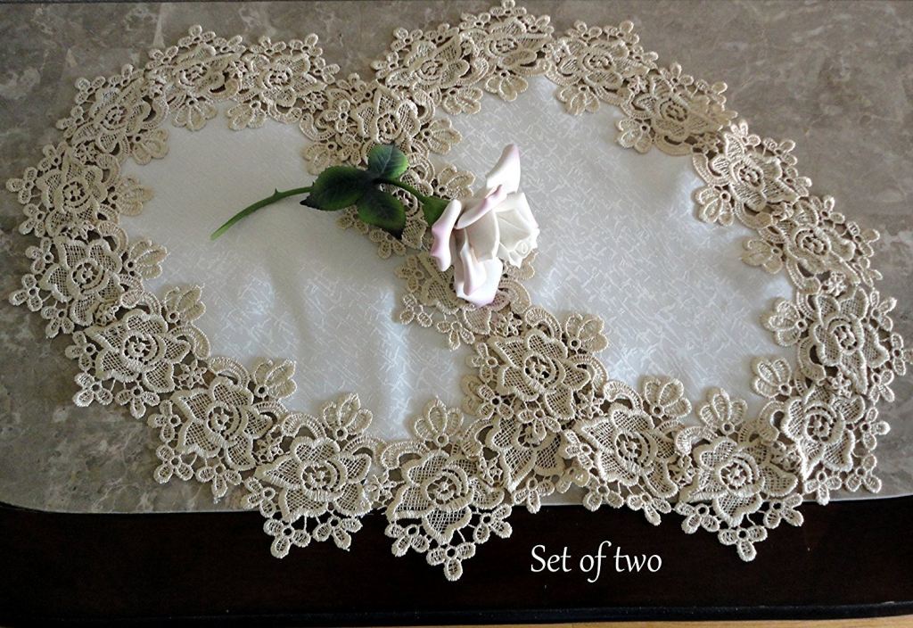 Rose Lace Set Of 2 Place Mats/doilies (18.5X12) Soft Gold & White Doily Home
