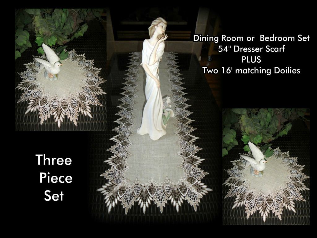 Set 54 Table Runner Dresser Scarf Plus Two 16 Doilies Neutral Earth Tones Bedroom Or Dining Room Home