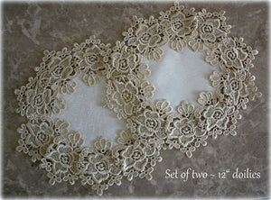 Soft Gold Rose Lace Set Of Two 12 Delicate Doilies White Ivory Scarf Home