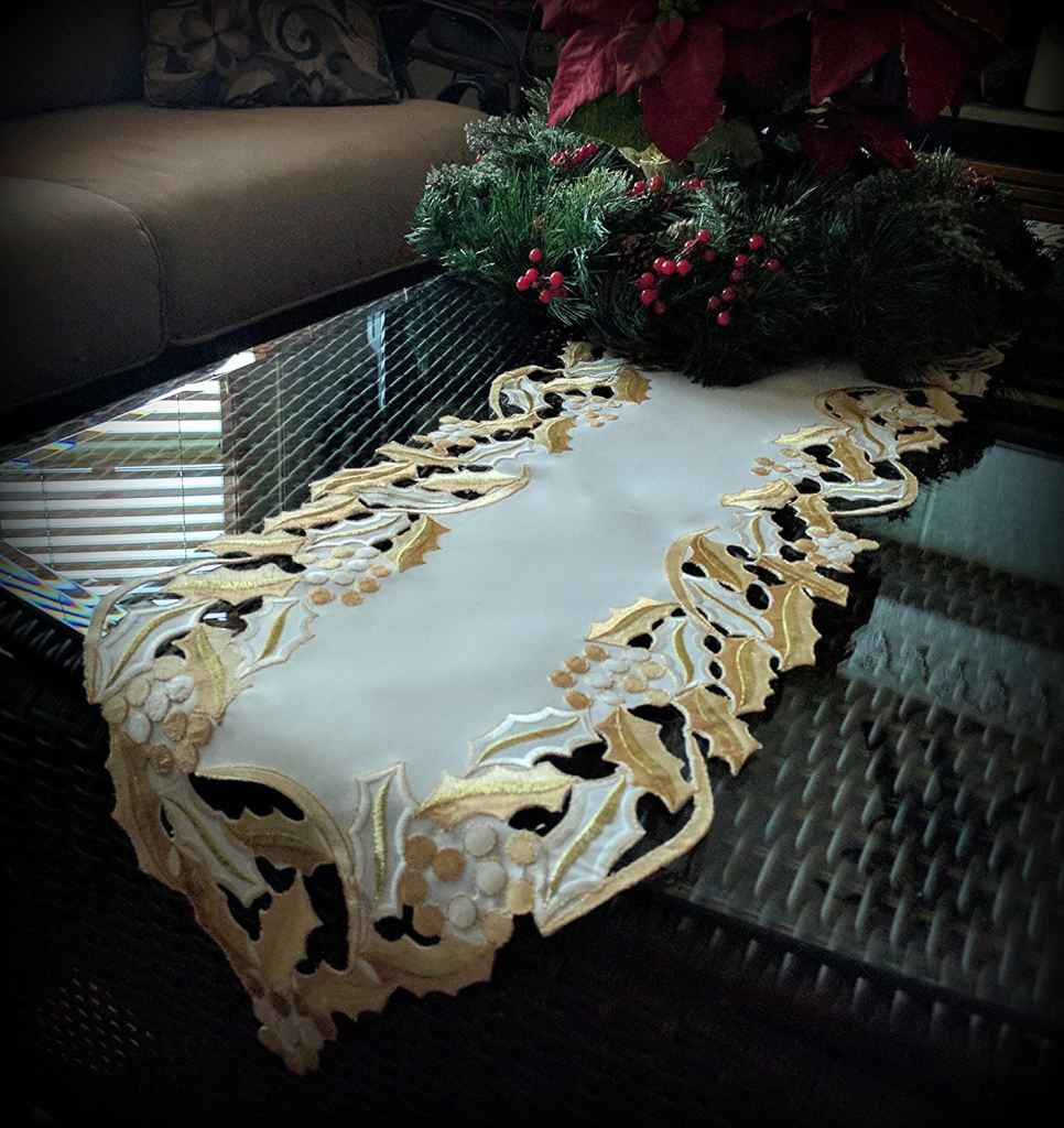 Table Runner 66 Inch Gold Mistletoe Christmas Mantel Or Dresser Scarf Doily Embroidered Holly Home