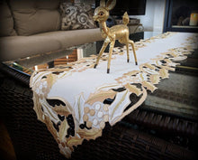 Table Runner 66 Inch Gold Mistletoe Christmas Mantel Or Dresser Scarf Doily Embroidered Holly Home