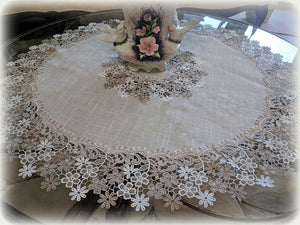 Table Topper Doily Sophisticated Floral Lace Round Dresser Scarf Neutral Earth Tones Tablecloth Home