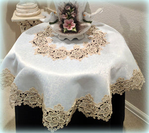 X-Large 34 Lace Gold Rose Doily White Ivory Table Topper Dresser Scarf Tablecloth Home